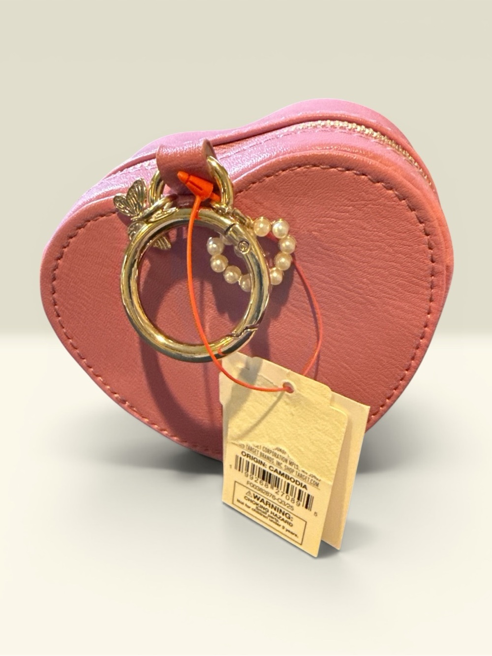 Heart-Shaped Pink Jewelry Travel Box with Pearl & Gold Ring Charm